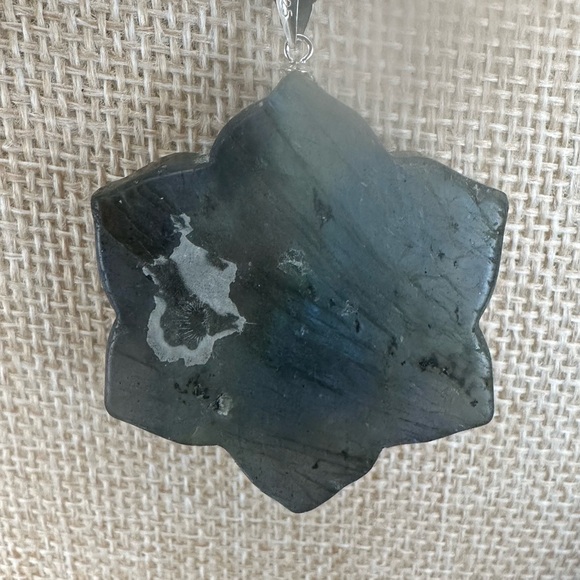 Blue/Rainbow Flash Labradorite Flower Pendant on Silver Bail and Faux Suede - Picture 13 of 15